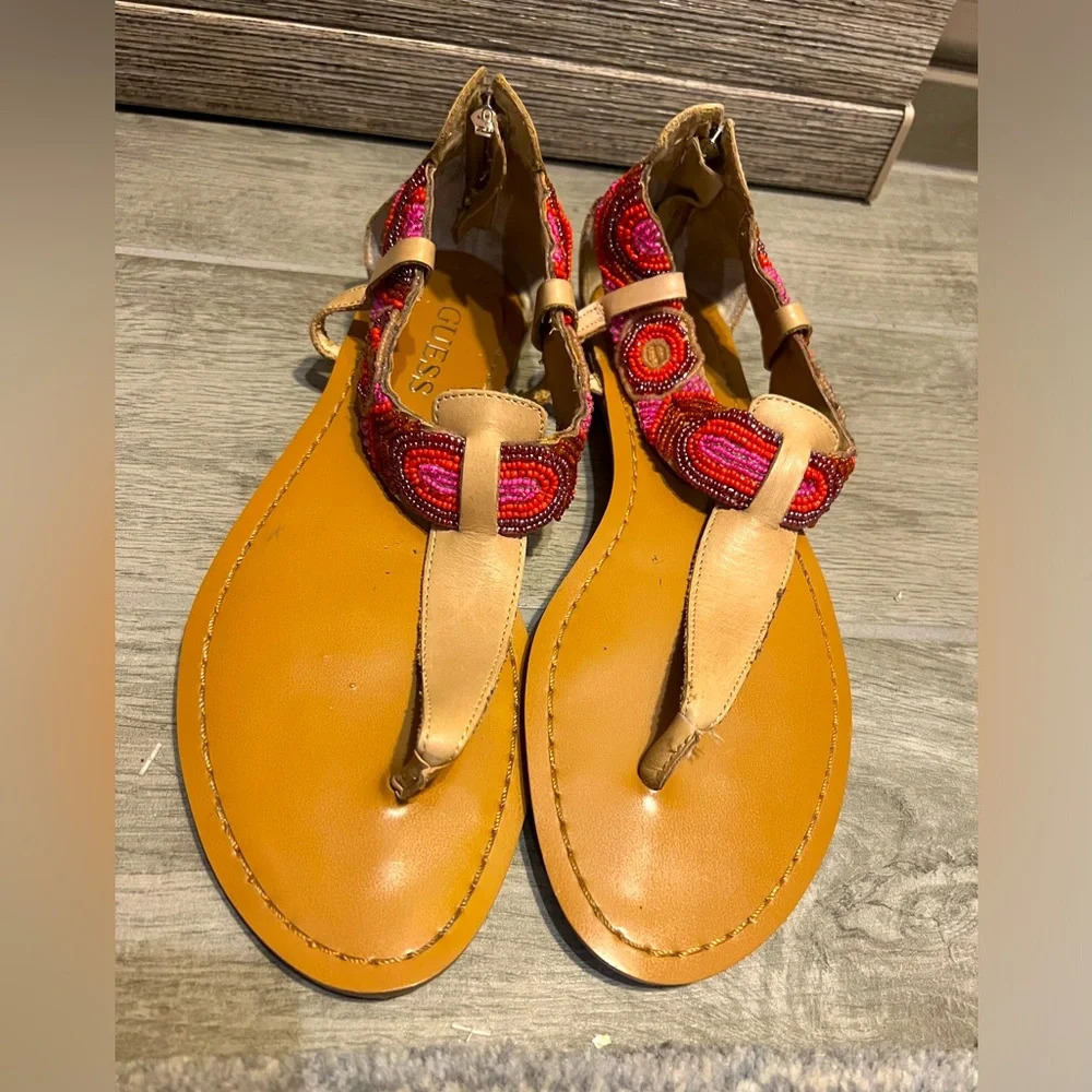 Guess thong strappy sandals with pink and red beading, size 7 1/2